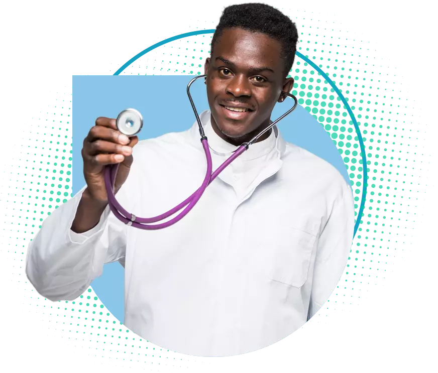 Corretora N&G - Seguros Empresariais - Imagem de um médico negro, cabelo curto, sorrindo, vestindo um jaleco branco e usando um estetoscópio roxo. Em volta dele existem grafismos em tons de azul e verde água.
