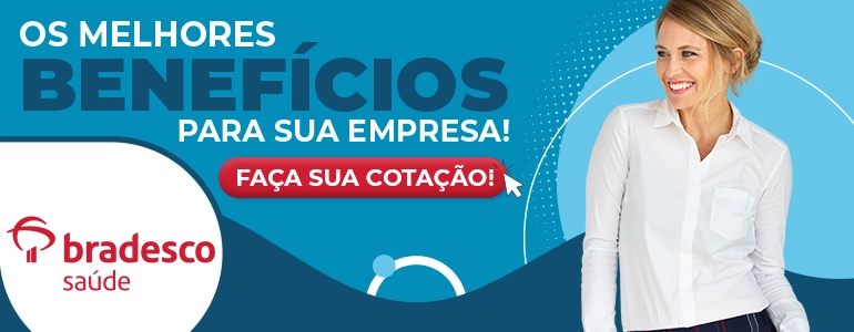 Imagem com fundo azul claro. Do lado esquerdo tem os dizeres "Os melhores benefícios para sua empresa!" seguido de um botão vermelho escrito "Faça sua cotação!". Em baixo dos dizeres, alinhado no canto esquerdo sobre um semi círculo branco está o logotipo do Bradesco Saúde. Do lado direito da imagem tem a foto de uma mulher loira, com cabelo preso, sorrindo e usando uma camisa social de manga comprida branca. Existem elementos gráficos em tons de azul e branco pela imagem.